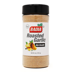Badia Garlic Roasted spice jar adds rich garlic flavor to vegetables and meats.