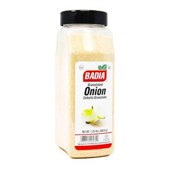 Badia granulated onion jar closeup highlights no chopping and easy seasoning.
