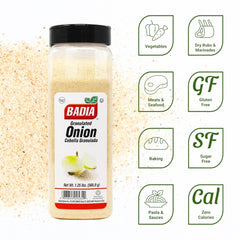Badia granulated onion pour-dispense image shows fast, measured flavor release.