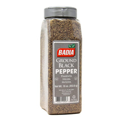 Badia Ground Black Pepper 16oz bottle front for rich aroma and everyday seasoning.