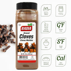 Badia ground cloves powder dust emphasizes aromatic grind for curries and chai.