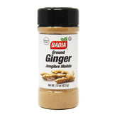 Badia ground ginger powder bottle enhances cooking with warm, aromatic flavor.