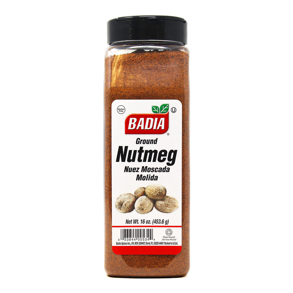 Badia ground nutmeg 16oz bottle with label, adding warm aroma to cookies and beverages.
