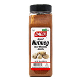 Badia ground nutmeg 16oz bottle with label, adding warm aroma to cookies and beverages.
