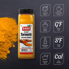 Badia turmeric powder texture closeup shows vibrant golden color for rich dishes.