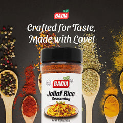 Badia Jollof Rice Seasoning on the counter, easy spice dispense during cooking.