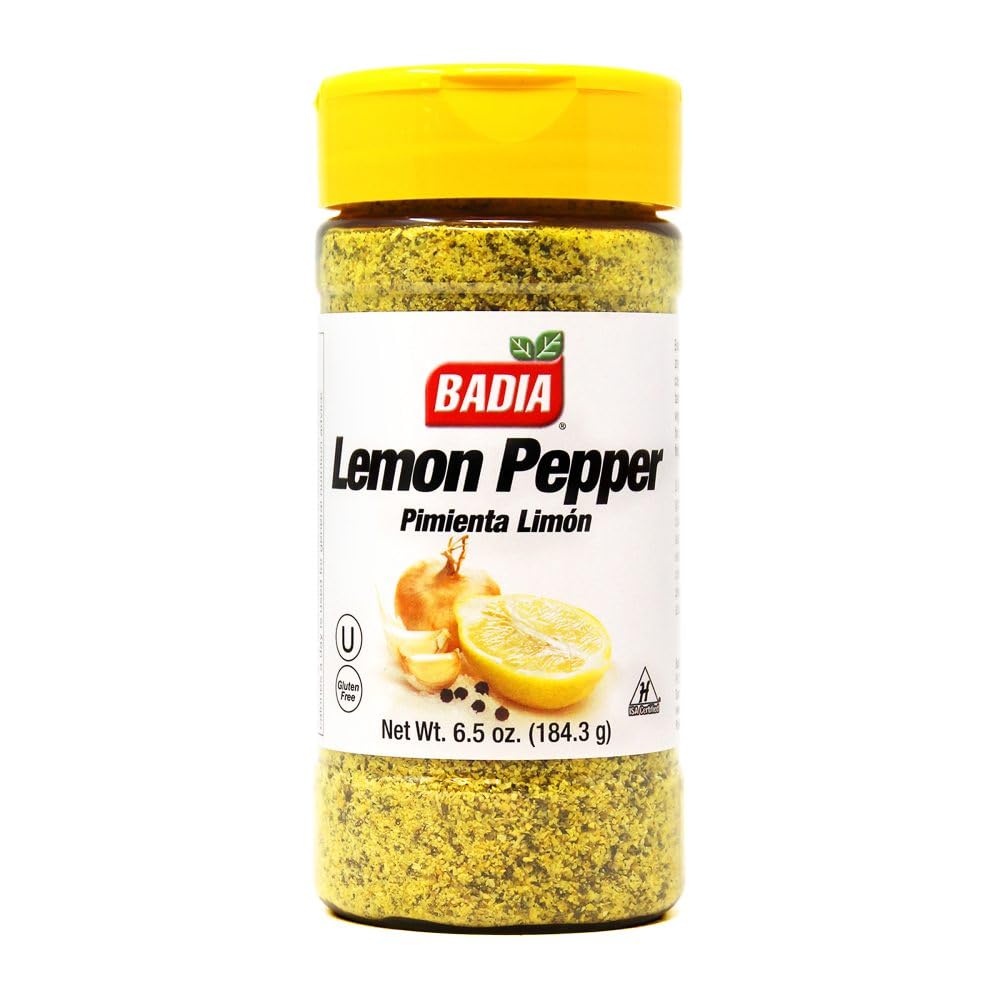 Badia lemon pepper seasoning bottle adds citrus zest and peppery heat to poultry and seafood