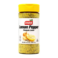 Badia lemon pepper seasoning bottle adds citrus zest and peppery heat to poultry and seafood