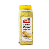 Badia Lemon Pepper Seasoning jar front view, enhances chicken marinades and citrus flavor.