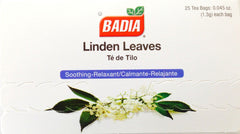 Badia Linden Leaves Tea box labels highlight caffeine-free, soothing notes