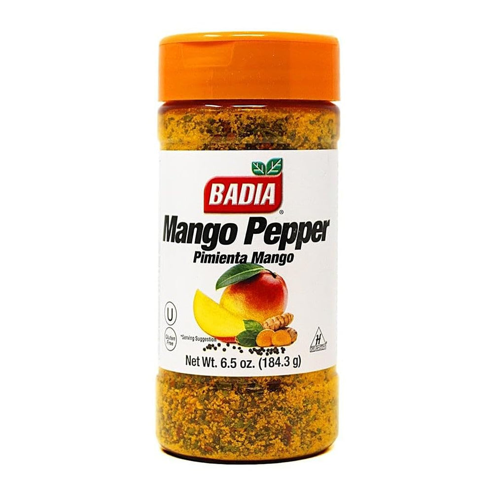 Badia Mango Pepper Seasoning bottle on the counter adds fruity heat to meals.