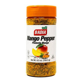 Badia Mango Pepper Seasoning bottle on the counter adds fruity heat to meals.
