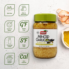 Close-up of Badia minced garlic in olive oil jar for quick flavor base.