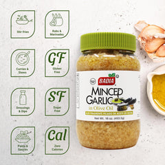 Badia minced garlic in olive oil being spooned into a pan for fast flavor.