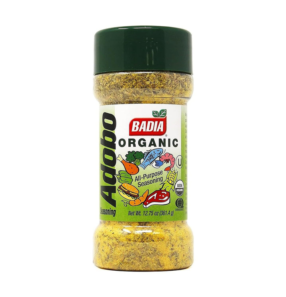 Badia Organic Adobo seasoning bottle pour for quick, even flavor on grilled meats