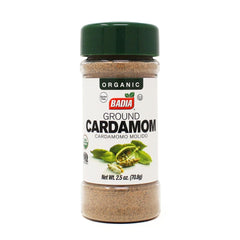 Badia Organic Ground Cardamom packaging front, premium flavor for baking and beverages.