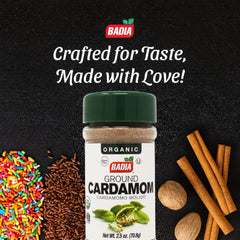 Badia Organic Ground Cardamom tea latte scene emphasizes warm citrusy notes.