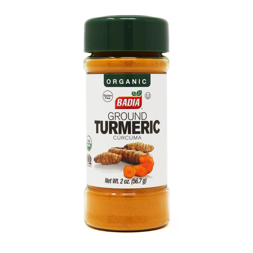 Badia Organic Turmeric Powder bottle pouring, adds vibrant color to curries and rice.