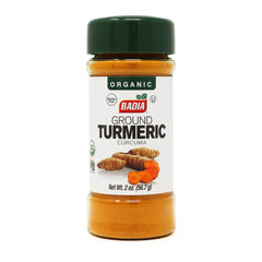 Badia Organic Turmeric Powder bottle pouring, adds vibrant color to curries and rice.