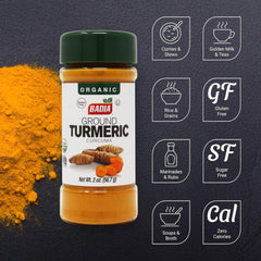 Badia Organic Turmeric Powder jar on counter, ready for everyday cooking and Golden Milk.