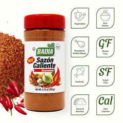 Badia Sazon Caliente shaker closeup shows vibrant spice texture