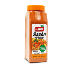 Badia Sazón bottle pouring with coriander and annatto for vibrant flavor boost