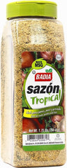 Badia Sazón Tropical bottle pouring for grilled meats with Latin flavor