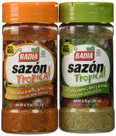 Badia Sazon Tropical bottle front enhances color and aroma for rice, beans, and meats.