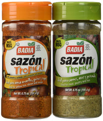 Badia Sazon Tropical bottle front enhances color and aroma for rice, beans, and meats.