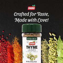 Badia Thyme Leaves packaging label shows certified organic herb for Mediterranean dishes.