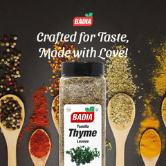 Badia thyme leaves on roasted meat showing savory enhancement possibilities.
