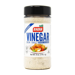 Badia Vinegar & Sea Salt bottle ready to finish meals with tangy flavor.