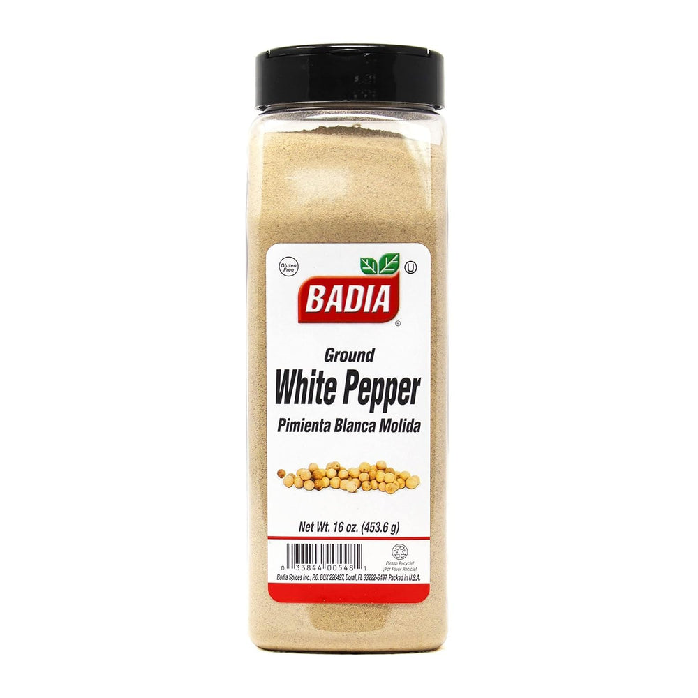 Badia ground white pepper bottle showing 16 oz size for light sauces