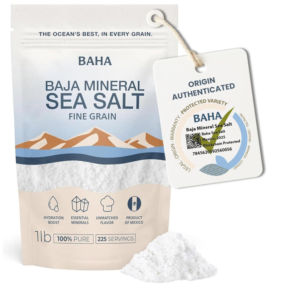 BAHA Sea Salt fine-grain bottle pour for finishing and even seasoning.