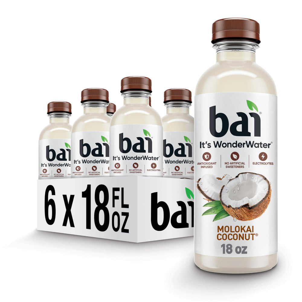 Bai Molokai Coconut bottle front with bold packaging and antioxidant infused hydration.
