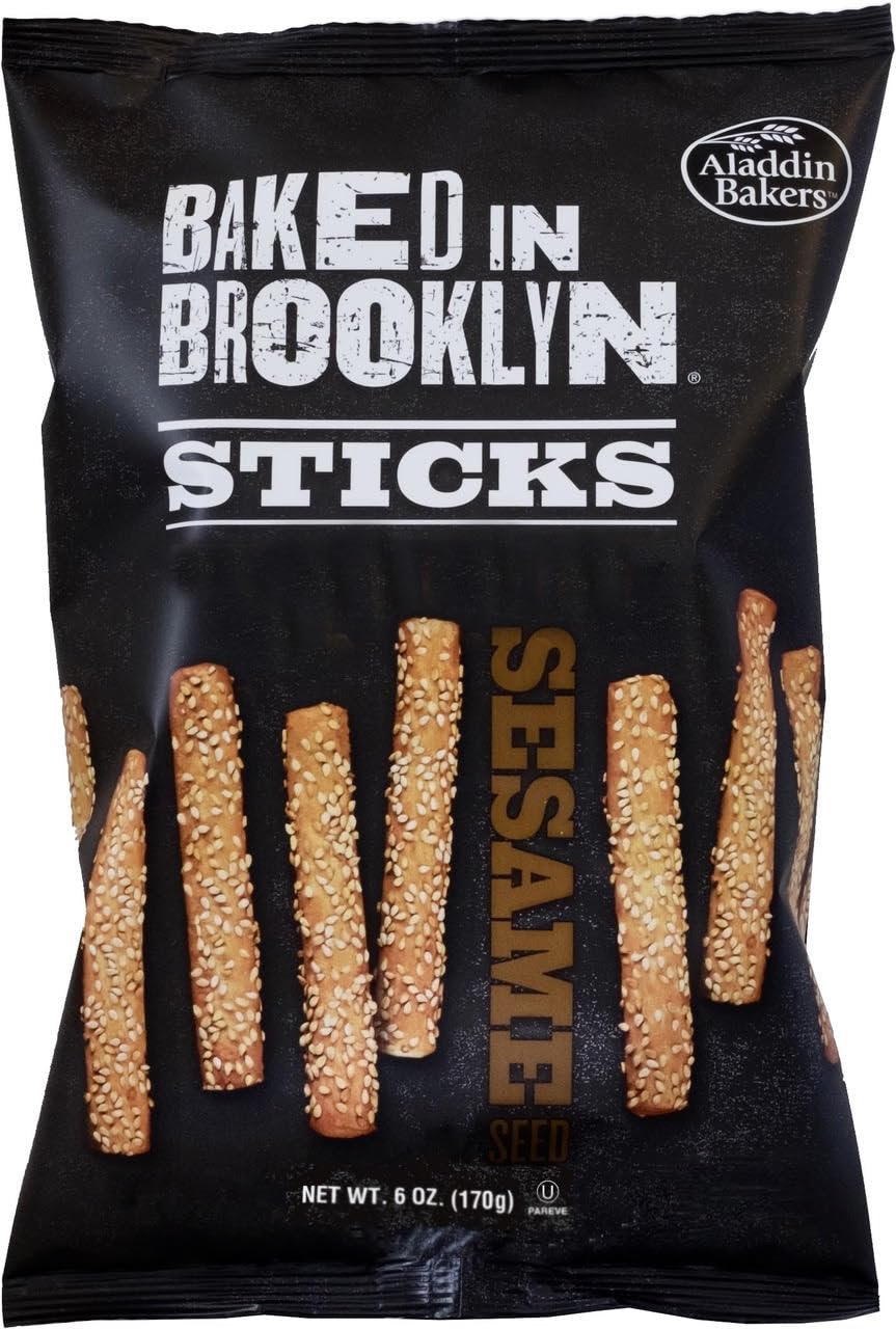 Baked in Brooklyn sesame breadsticks packshot showing crispy versatility for snacking