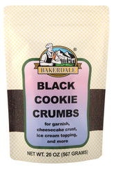 Bakerdale Black Cookie Crumbs packaging showing versatile crusts and toppings.