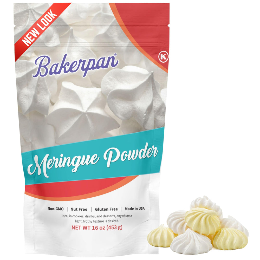 Bakerpan meringue powder packaging close-up on a 16-ounce jar for reliable baking.