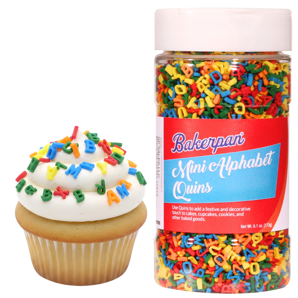 Bakerpan Quins alphabet sprinkles for cake decorating add colorful edible confetti to cupcakes