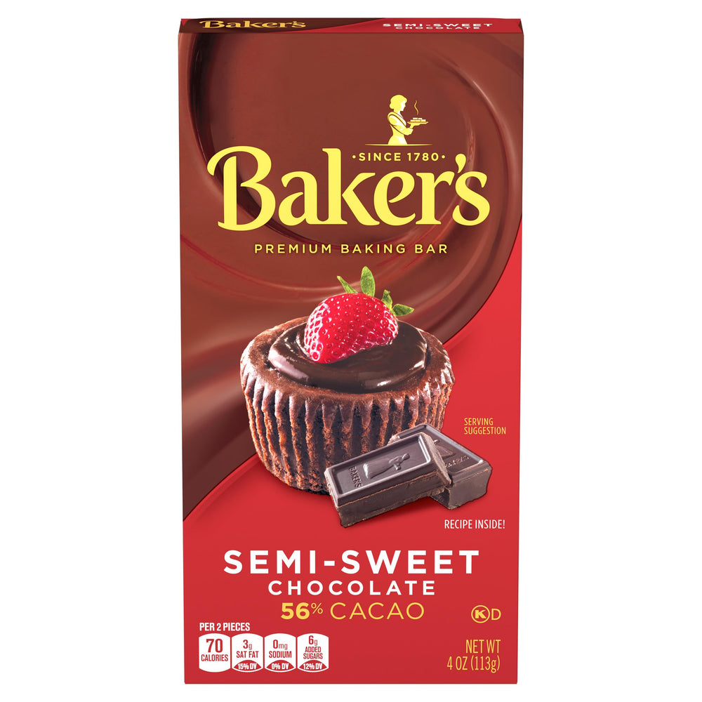 Baker's semi-sweet chocolate box, 4 oz, ready for baking.