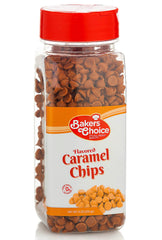 Baker's Choice caramel chips in a bag ready for baking and melting.