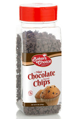 Baker's Choice chocolate mini chips in a resealable container for easy use and freshness.