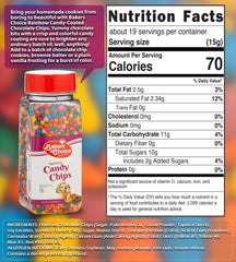 Close-up of vibrant rainbow candy coating on dairy-free chocolate chips.