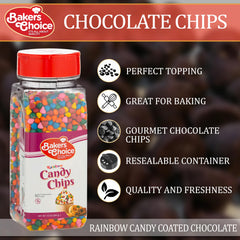 Scoops of rainbow chips on ice cream for a festive sundae.