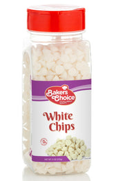 Baker's Choice white chocolate chips non-dairy 9 oz container, ideal for dairy-free baking