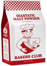 Bakers Club Diastatic Malt Powder bottle showing premium rise support for bakery-worthy loaves