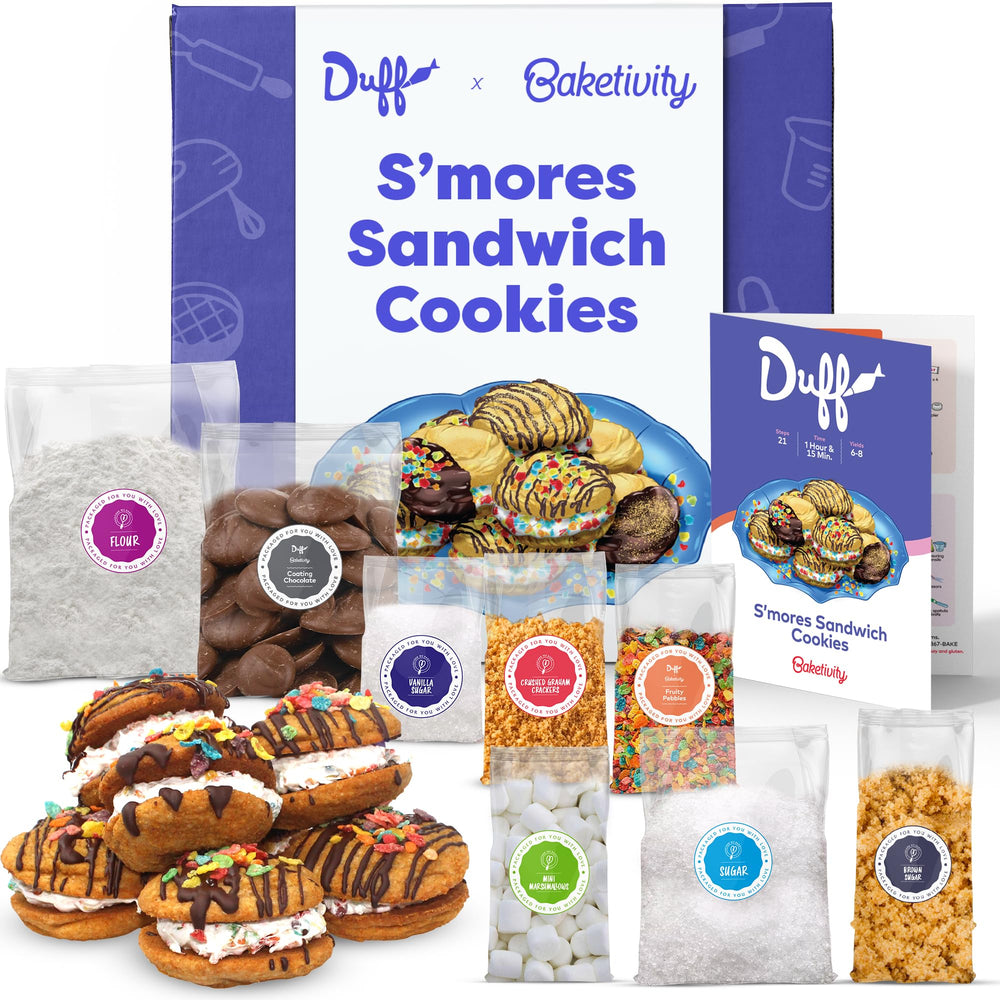 Baketivity Duff Goldman kit assembly showing pre-measured ingredients for kids