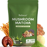 Balincer Mushroom Matcha bag open, showcasing the fresh blend for daily focus and energy.