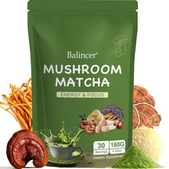 Balincer Mushroom Matcha bag open, showcasing the fresh blend for daily focus and energy.