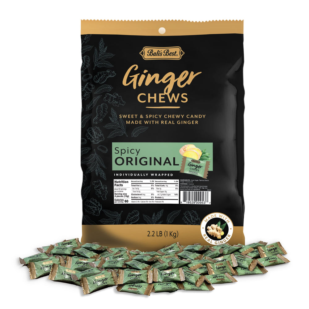 Bali's Best Ginger Chews front packaging shows spicy original flavor for on-the-go enjoyment.